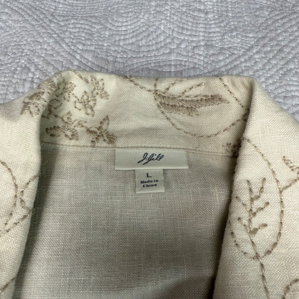J Jill 100% Linen Blazer Womens Large Cream Beige Jacket Floral Embroidery - Picture 3 of 9